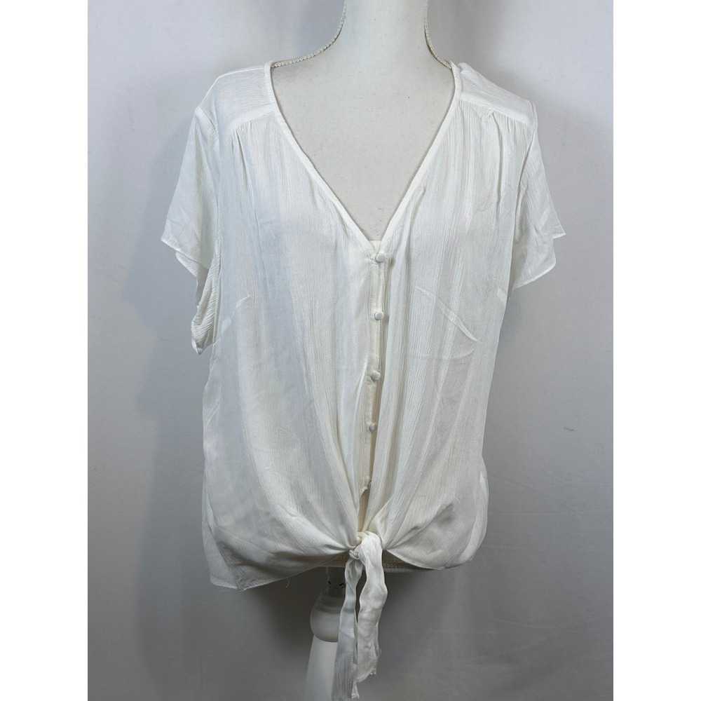 City Chic Womens White Crinkle Button Front Tie Hem Short Sleeve Blouse Top